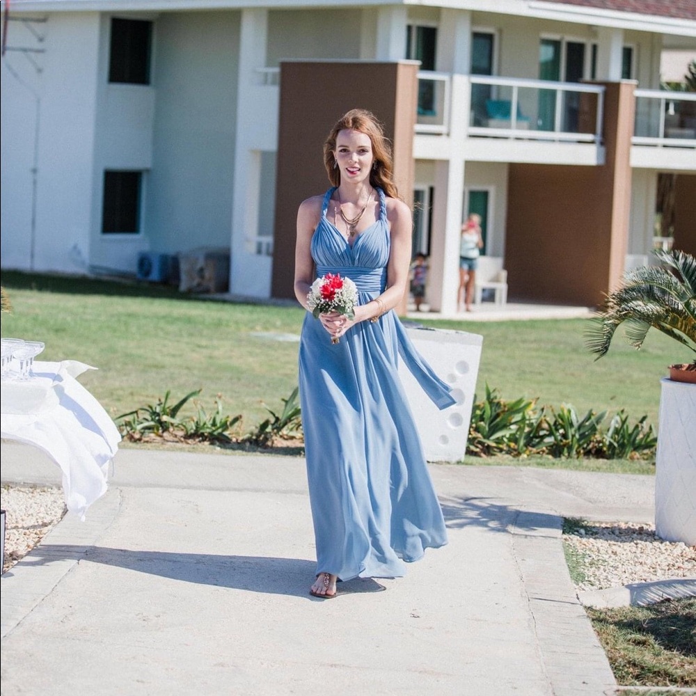Christina Wu Dusty Blue Halter Chiffon Bridesmaid Dress - Picture 2 of 4
